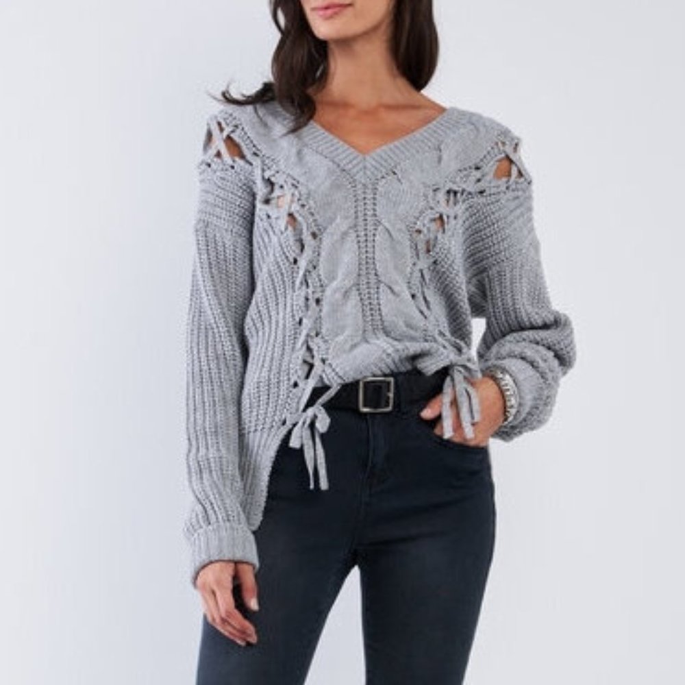 Boho Gray Lace Up Front Cable Knit Sweater Tunic - Picture 1 of 5